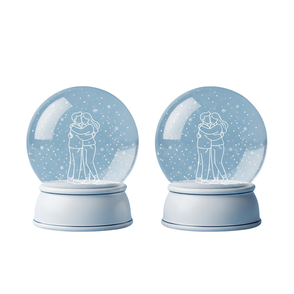 Two snow globes featuring a couple embracing inside a snowy scene with falling snowflakes