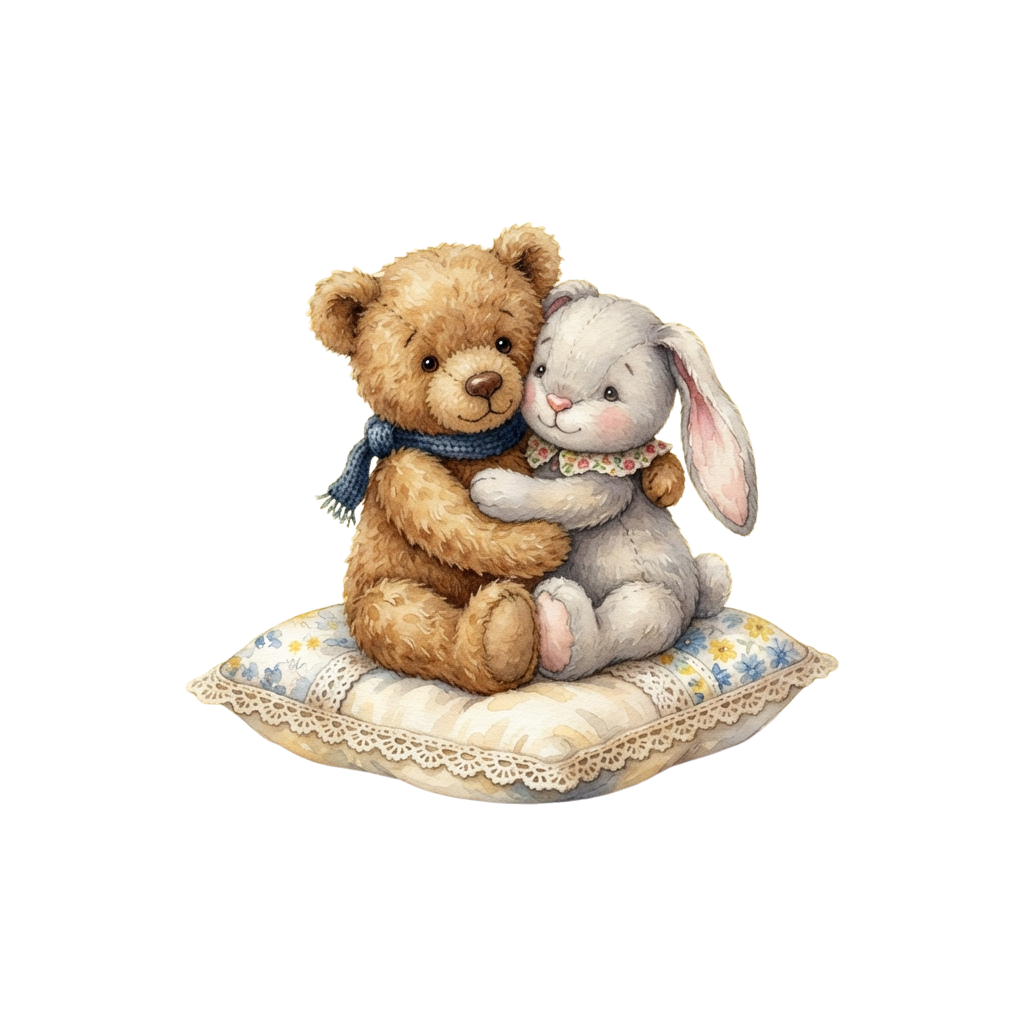 A teddy bear and a gray stuffed bunny sitting close together on a decorative pillow.