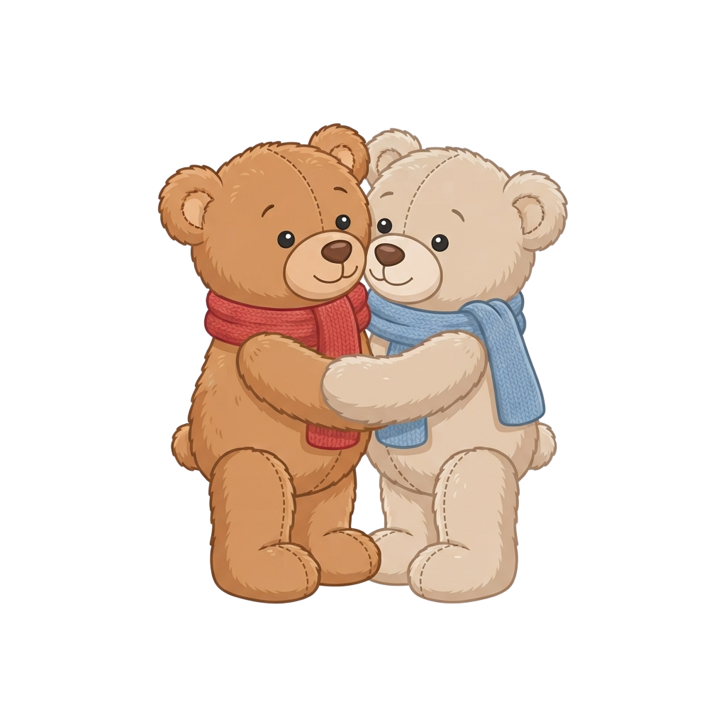 Two teddy bears embracing, one brown with red scarf and one light beige with blue scarf