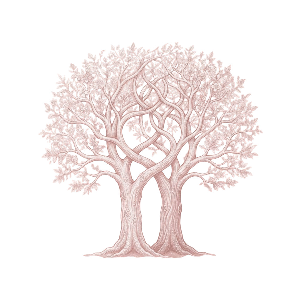 A detailed illustration of a stylized pink tree with twisted branches and leaves against a black background