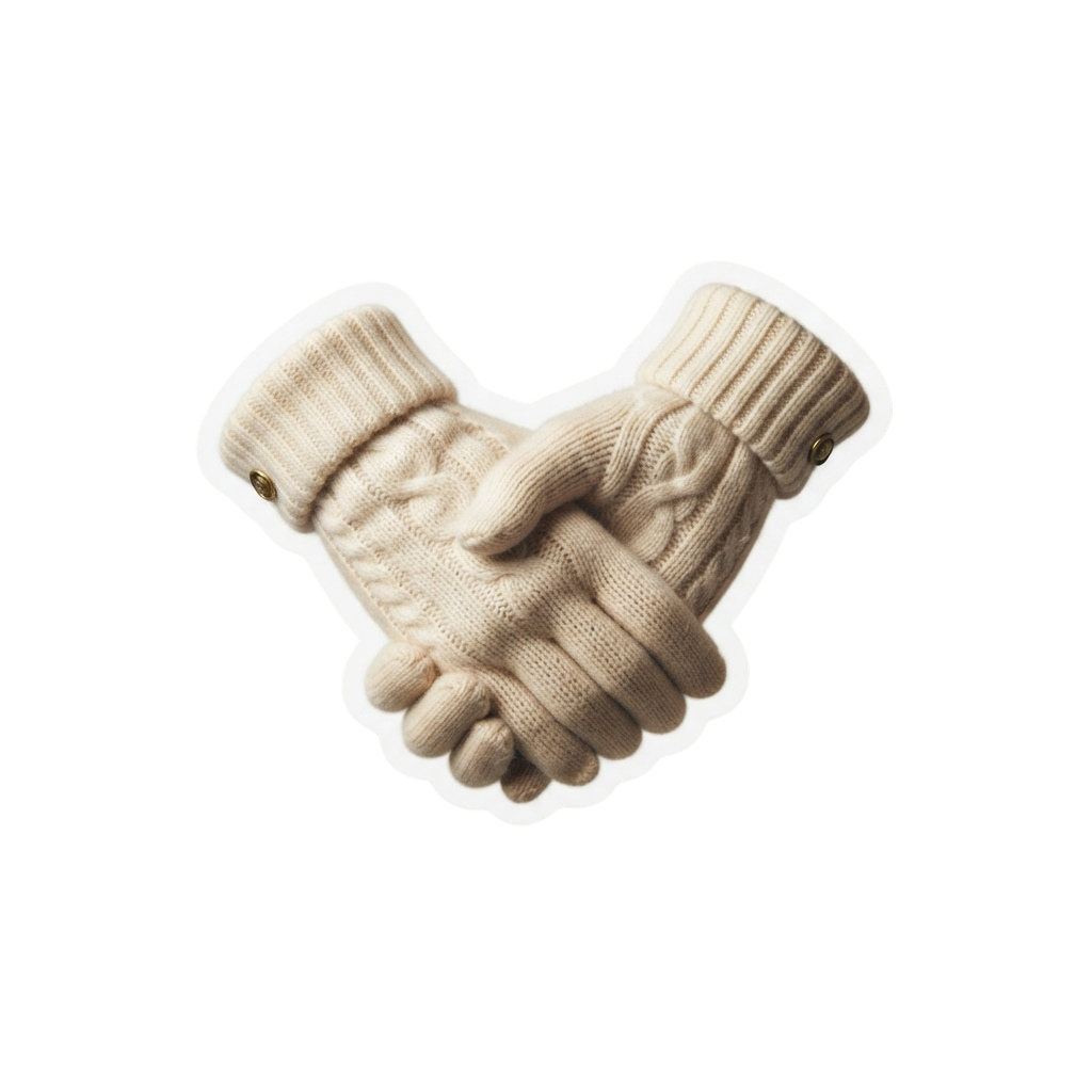 Two beige knitted fingerless gloves shaking hands against a black background