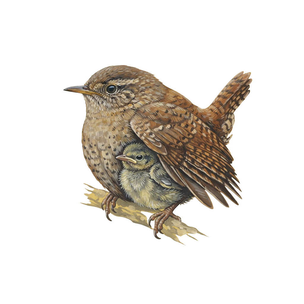 Adult brown speckled bird with a fledgling chick perched on a branch