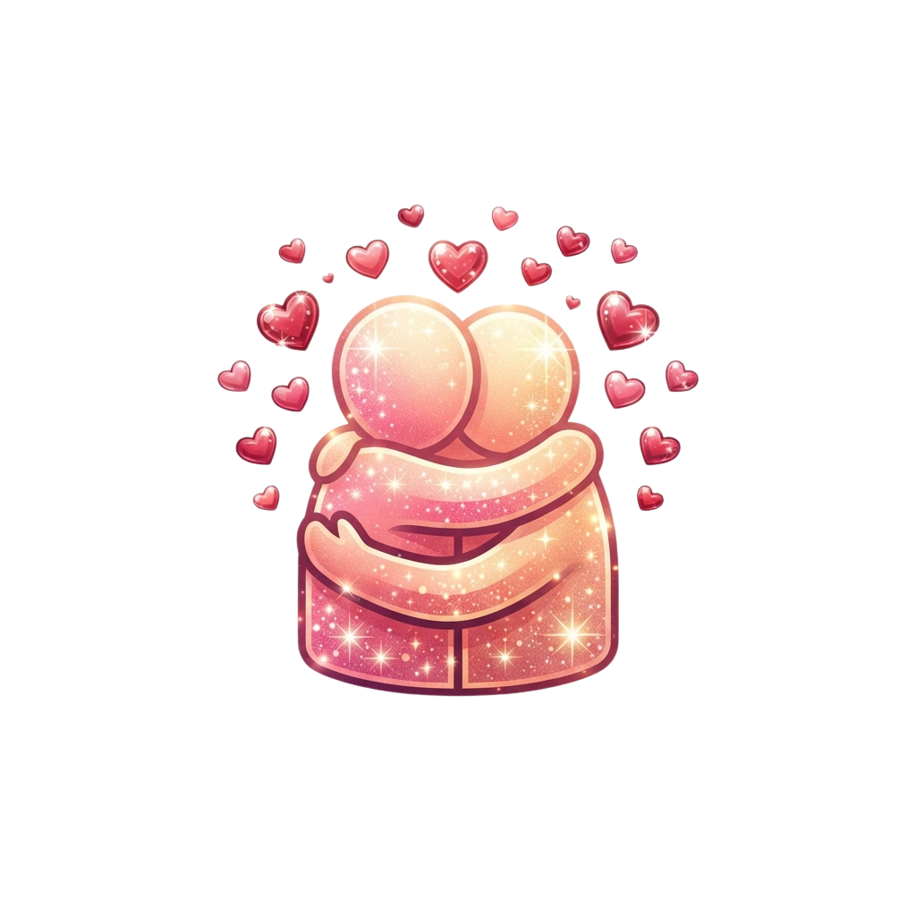 Two pink heart-shaped objects hugging a gift box surrounded by floating hearts and sparkles