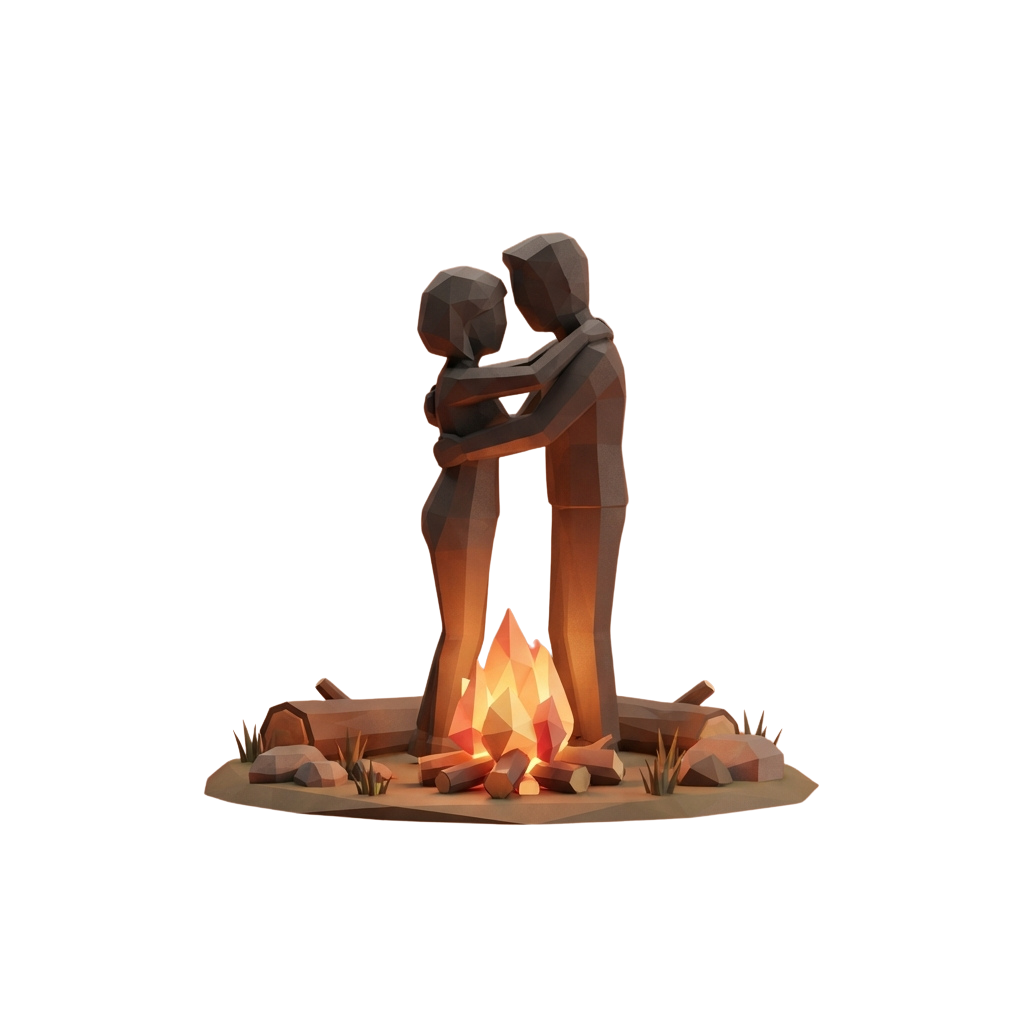Two stylized human figures embracing around a glowing campfire on a rocky terrain