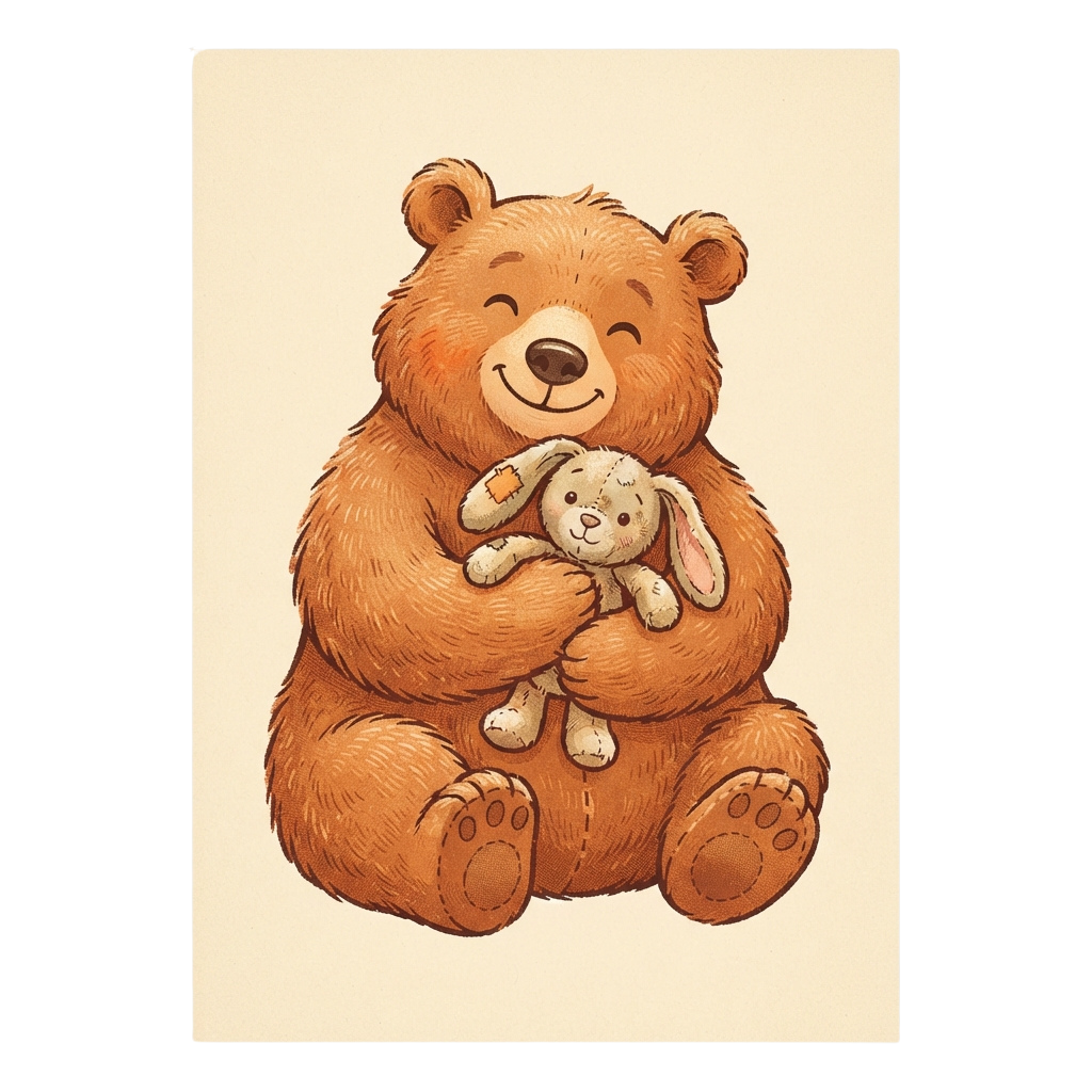 A smiling brown teddy bear holding a small beige stuffed bunny toy.