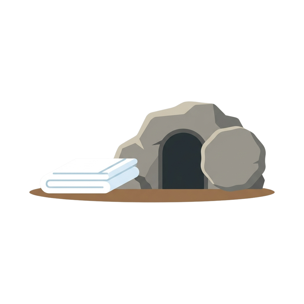 An illustration showing an empty tomb with two large stones rolled away and a closed book beside it.