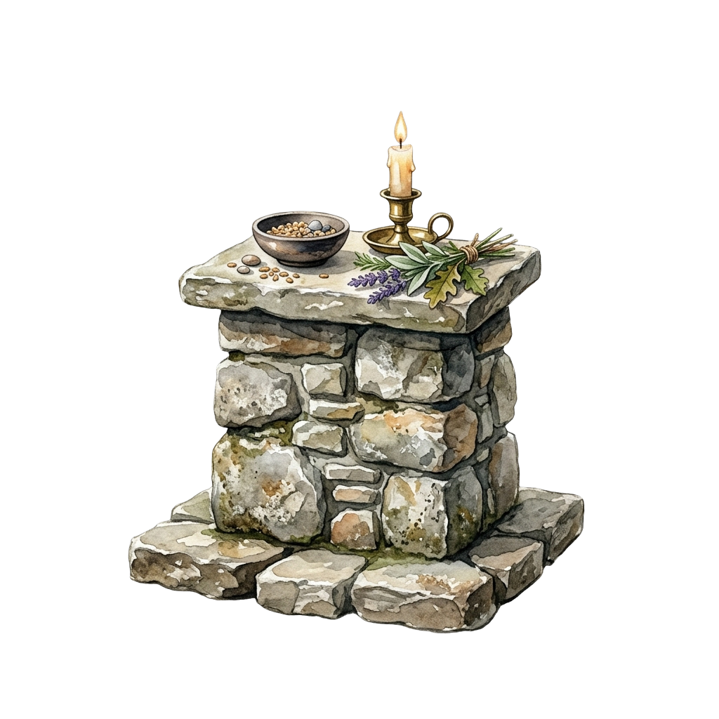 A stone altar with a lit candle, small bowl of grains, and herbs including lavender and greenery.