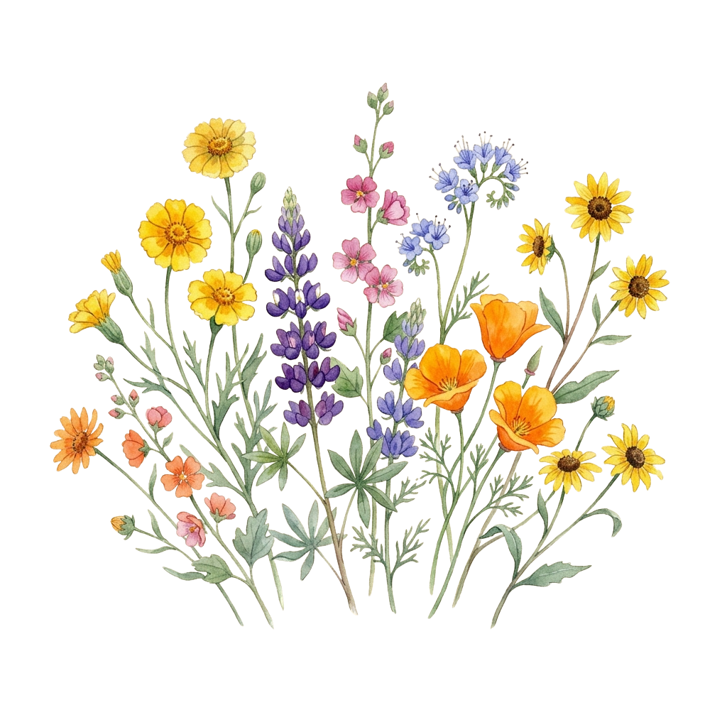 Illustration of a vibrant bouquet with yellow, orange, purple, and pink wildflowers on a black background