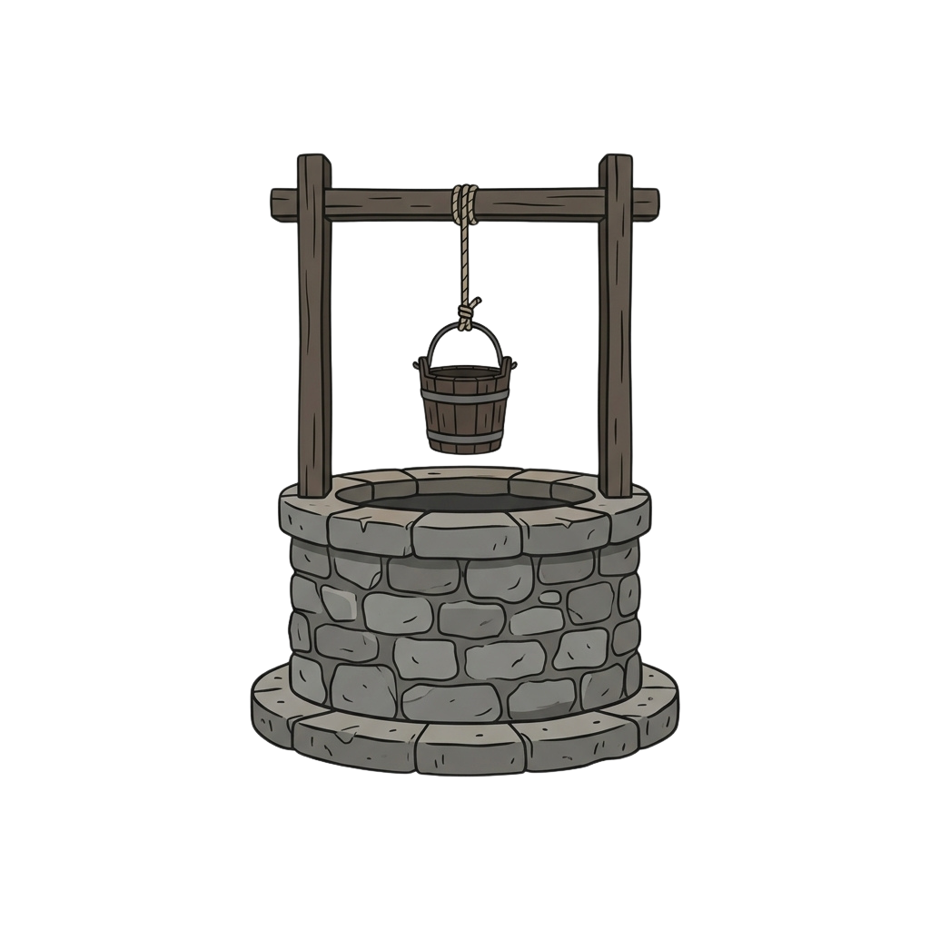 Illustration of a traditional wooden well with a bucket hanging on a pulley system