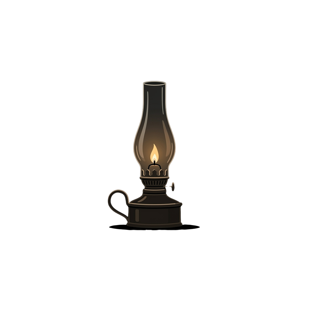 A black vintage-style oil lamp with a lit flame inside a glass chimney