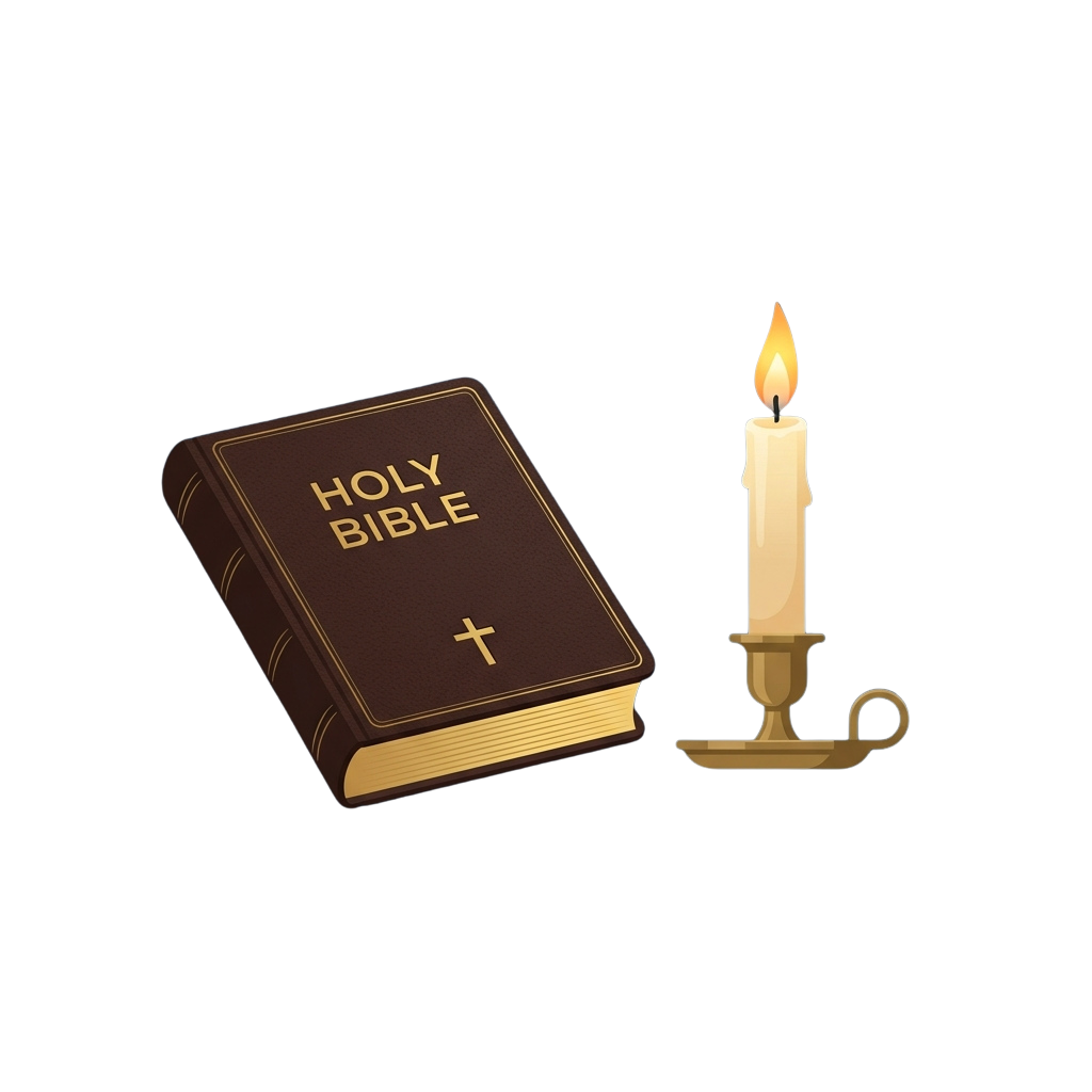 Illustration of a closed Holy Bible next to a lit candle on a stand