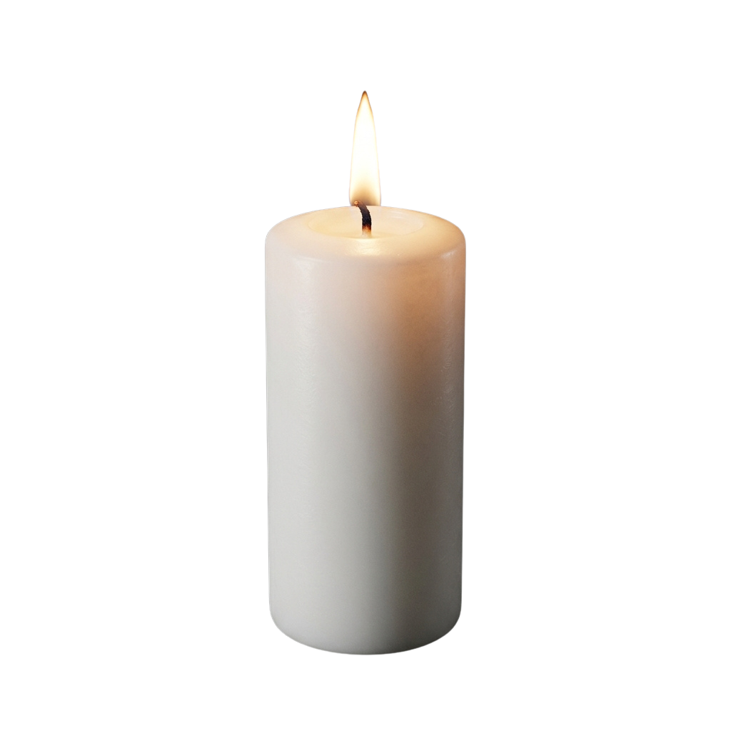 A lit white candle with a small flame burning at the top against a black background