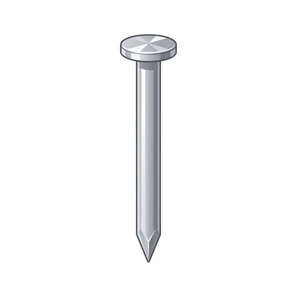A gray metal screw with a flat, slotted head and a sharp point at the bottom