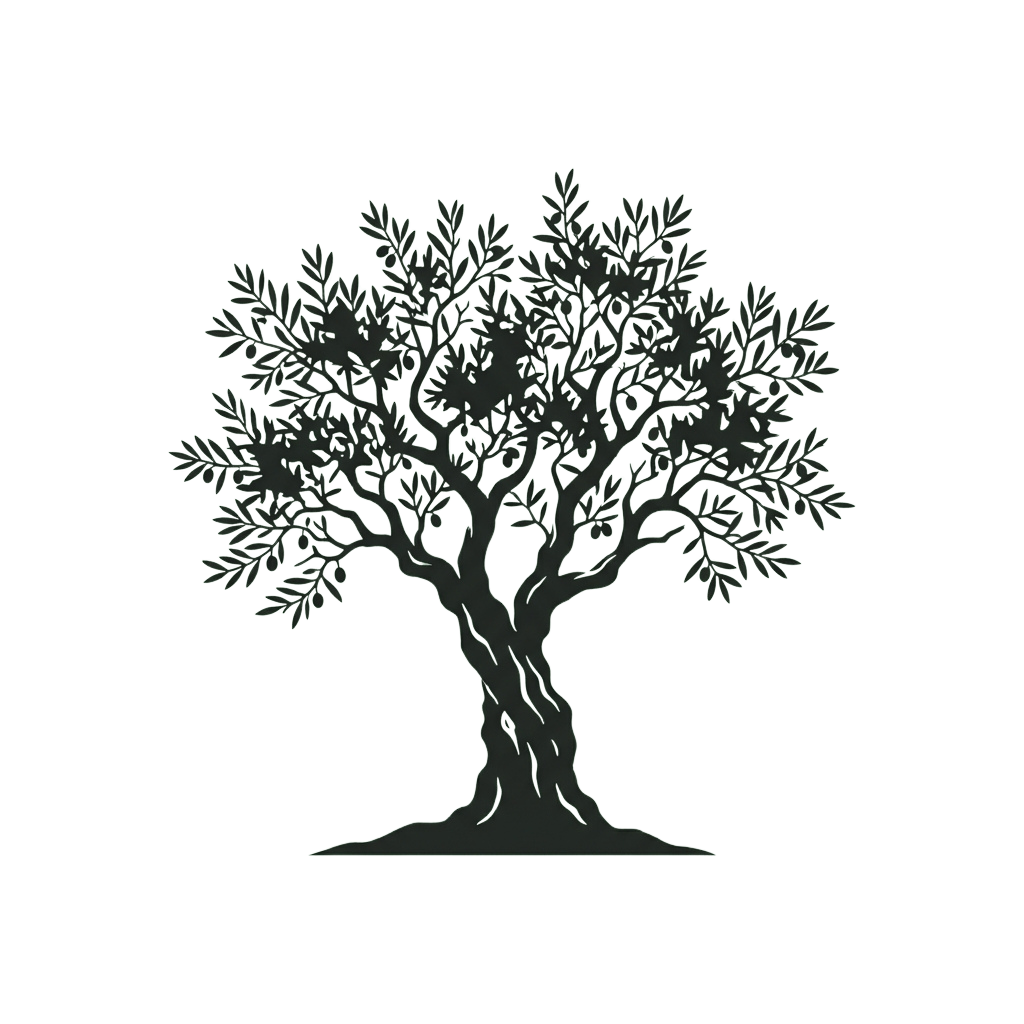 A detailed line drawing of a large, full tree with intricate branches and leaves against a black background