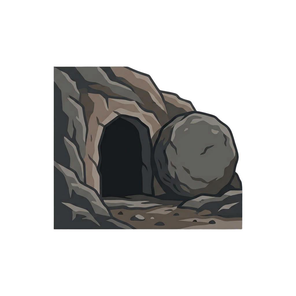 A large stone blocking the entrance of a tomb carved into a rocky cliffside.