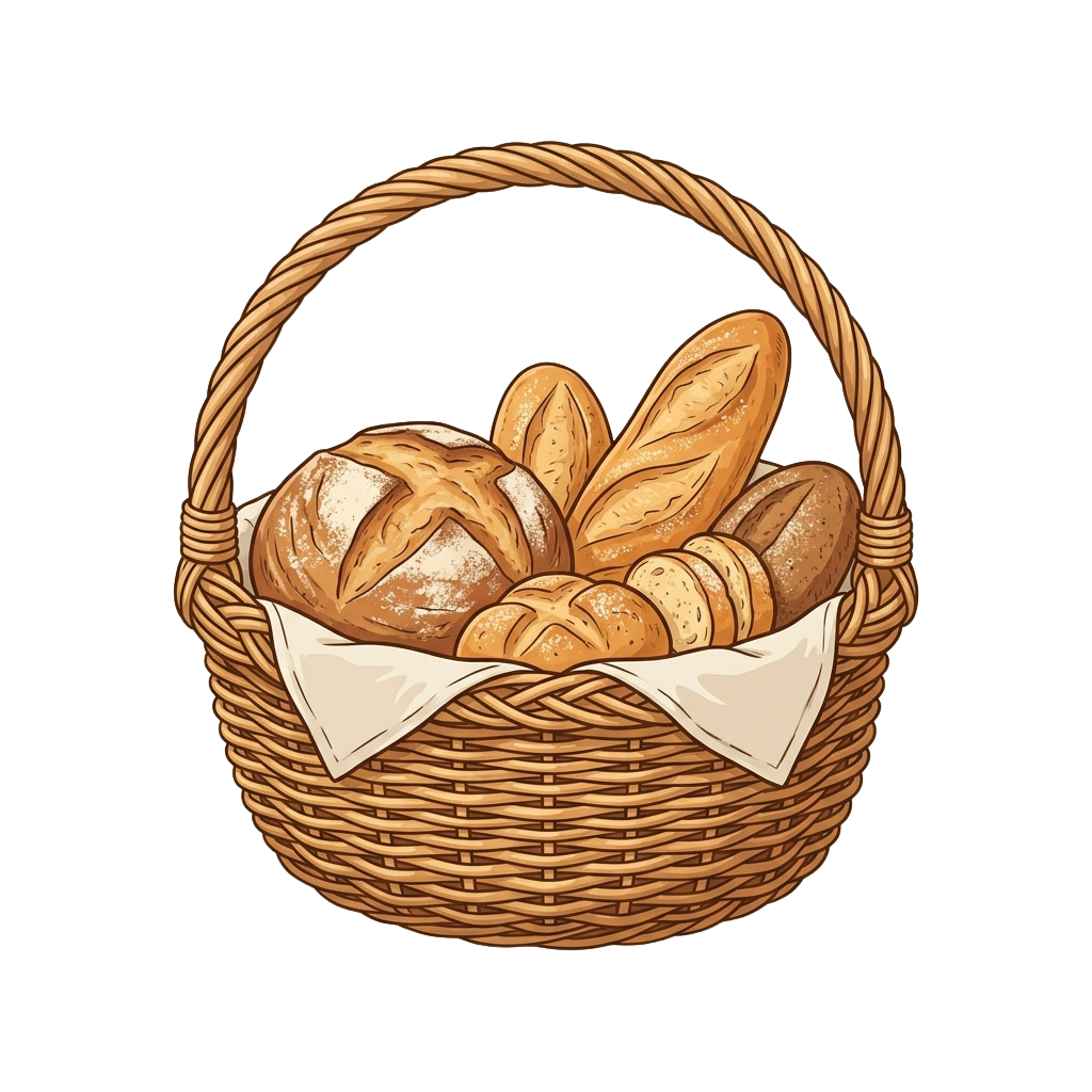 A woven basket holding various types of freshly baked bread, including baguettes and rolls, lined with a cloth.