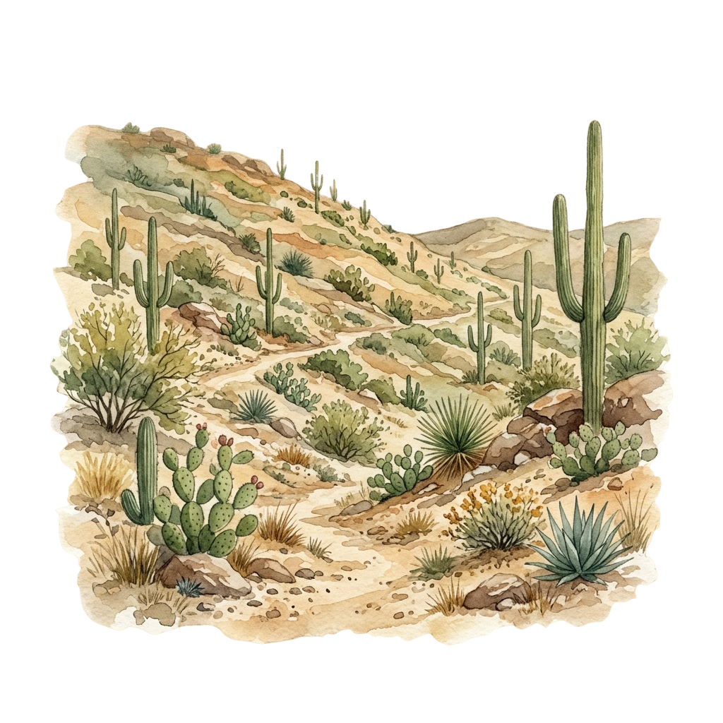 Illustration of a desert landscape with various cacti and shrubs on rocky terrain