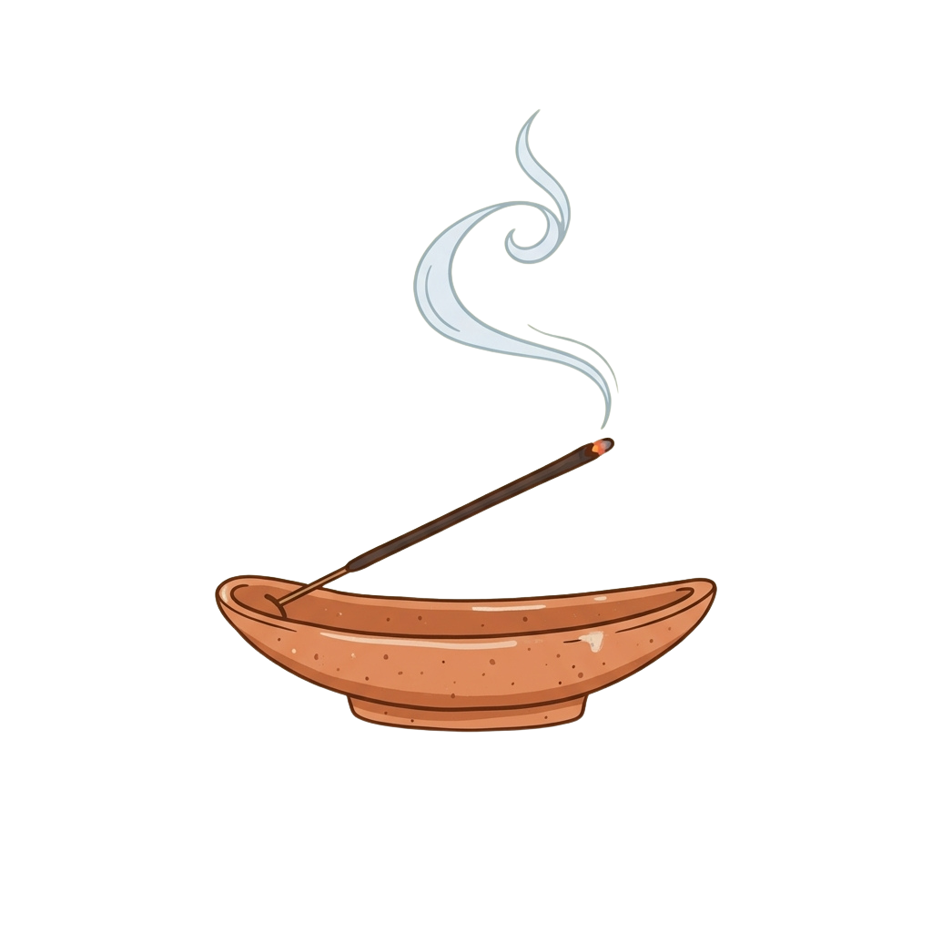 Incense stick burning in a small ceramic dish emitting smoke