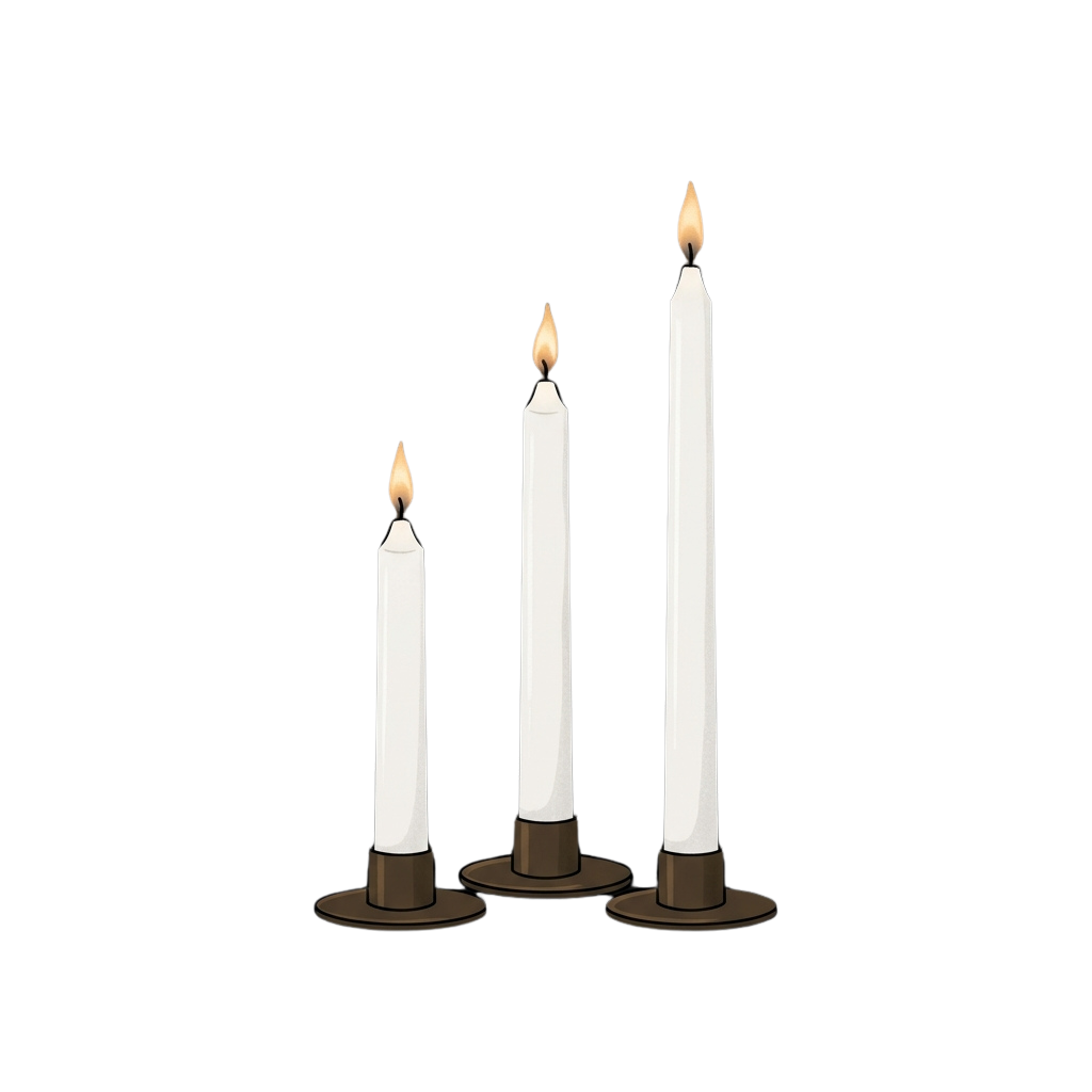 Three white candles of varying heights lit with small yellow flames on dark background