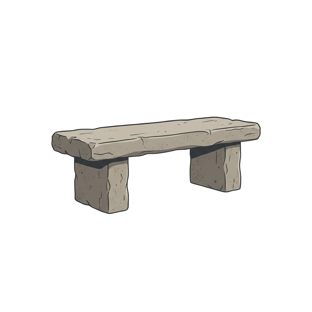 Simple illustration of a rustic wooden bench with rough-hewn logs for legs and seat.