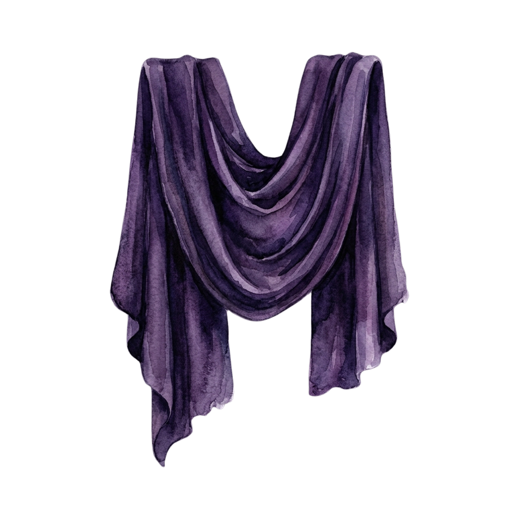 A rich purple velvet fabric draped in soft, flowing folds against a dark background