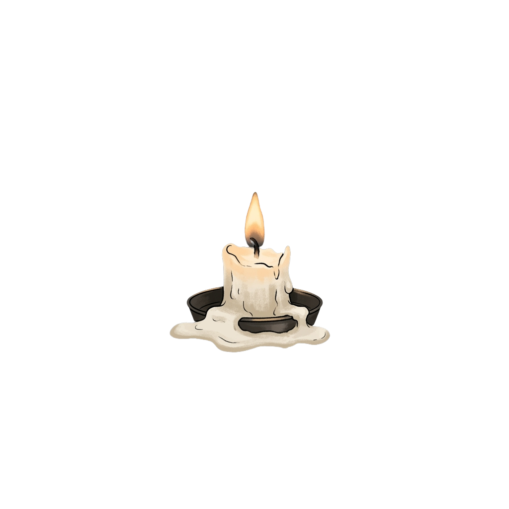 A single lit candle with a small flame on a dark background, emitting melted wax around its base