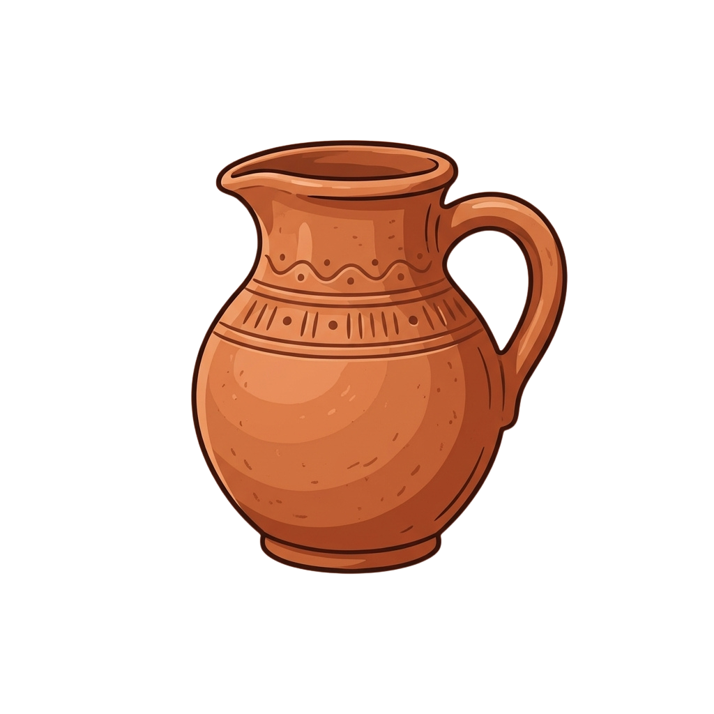 A terracotta pitcher with a handle and simple decorative patterns around the neck