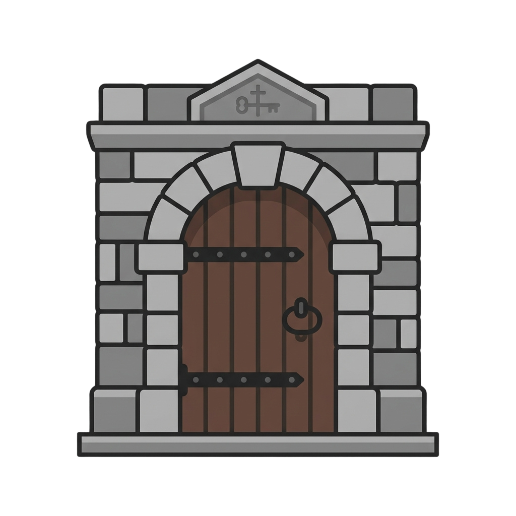 A stone archway door with wooden planks and black iron hinges and lock set in a castle-like wall