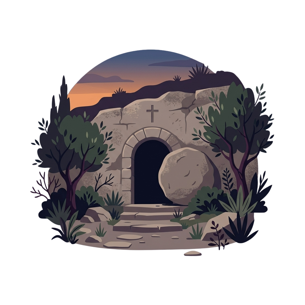 Illustration of an arched stone chapel entrance with a large rock in front, surrounded by greenery and a sunset sky