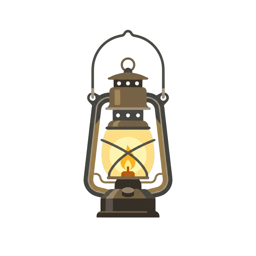 Illustration of a vintage oil lantern with a lit flame inside, set against a dark background