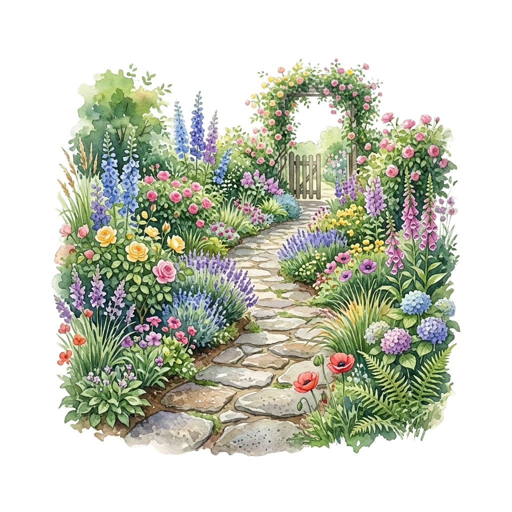 A picturesque garden path lined with vibrant flowers and lush greenery leading to an arched gate