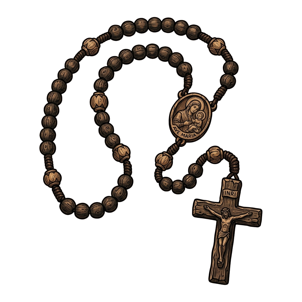 A wooden rosary with a crucifix featuring Jesus and a medal showing a religious figure holding a child.