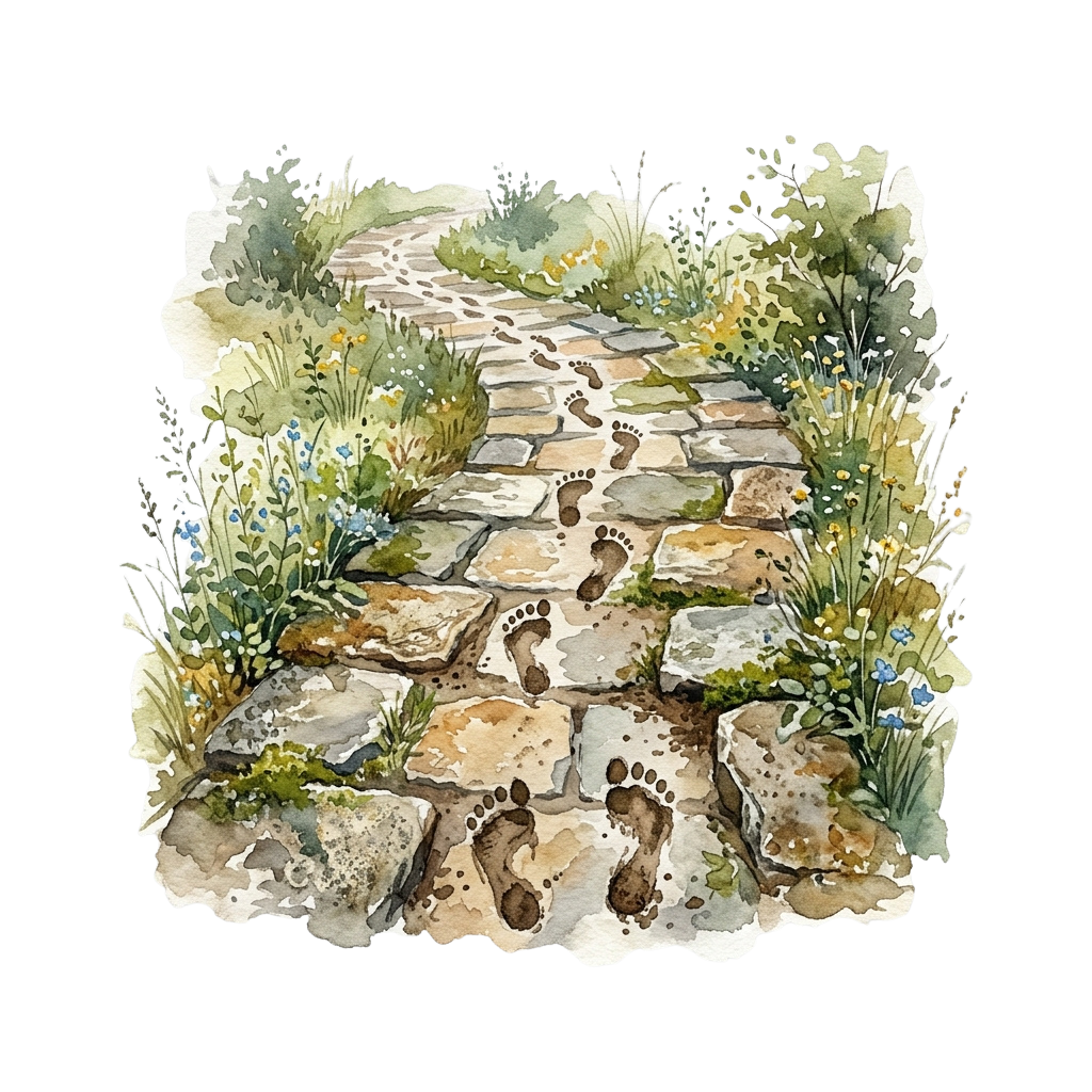A watercolor illustration of a stone pathway surrounded by greenery with footprints leading through it