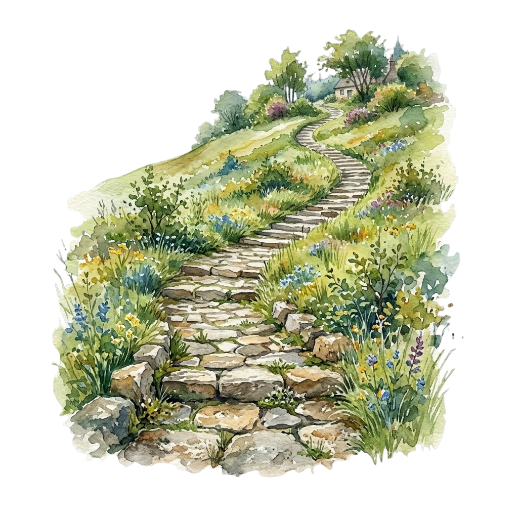 A winding stone path through a verdant hillside with wildflowers and greenery on both sides.