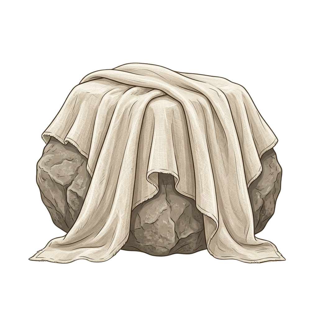 A draped cloth covering a rough stone sculpture resembling a seated figure.