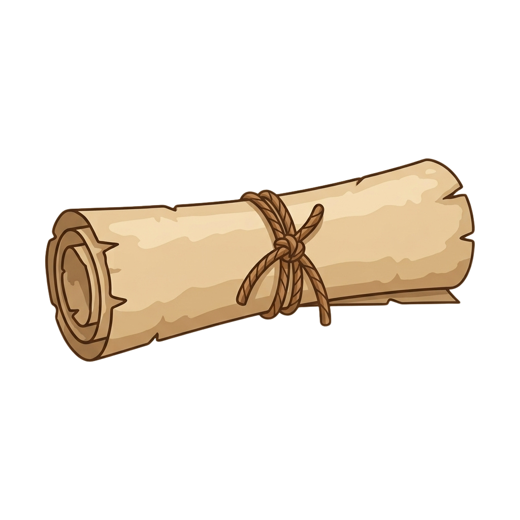 Illustration of a rolled parchment scroll tied with a brown cord against a black background