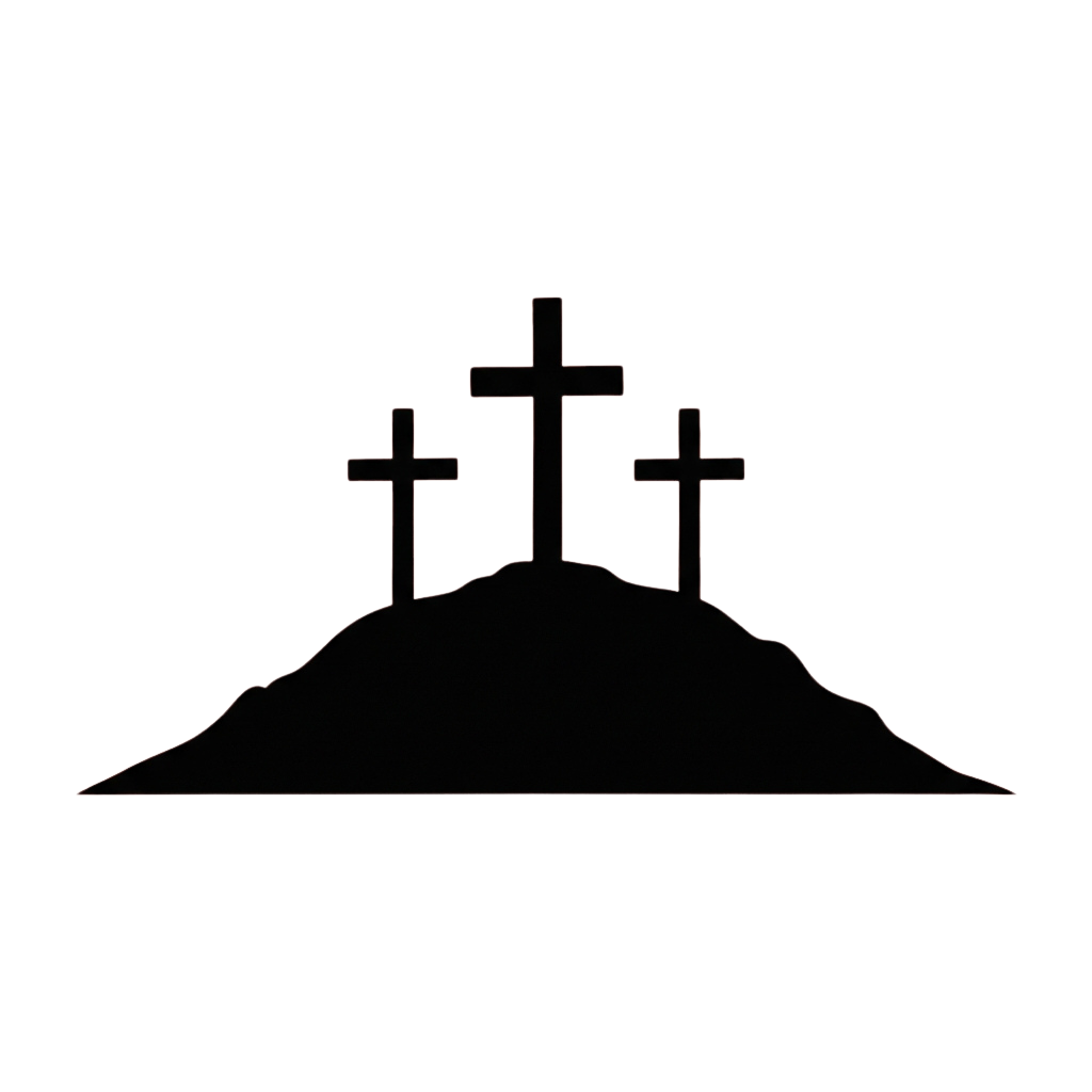 Three simple line-drawn crosses on a small hilltop against a dark background