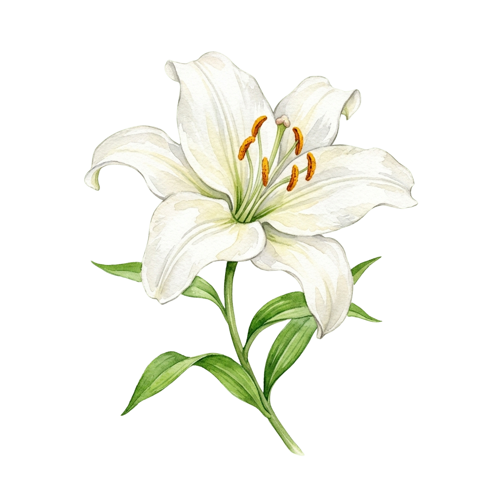 Illustration of a single white lily flower with green leaves and orange stamens