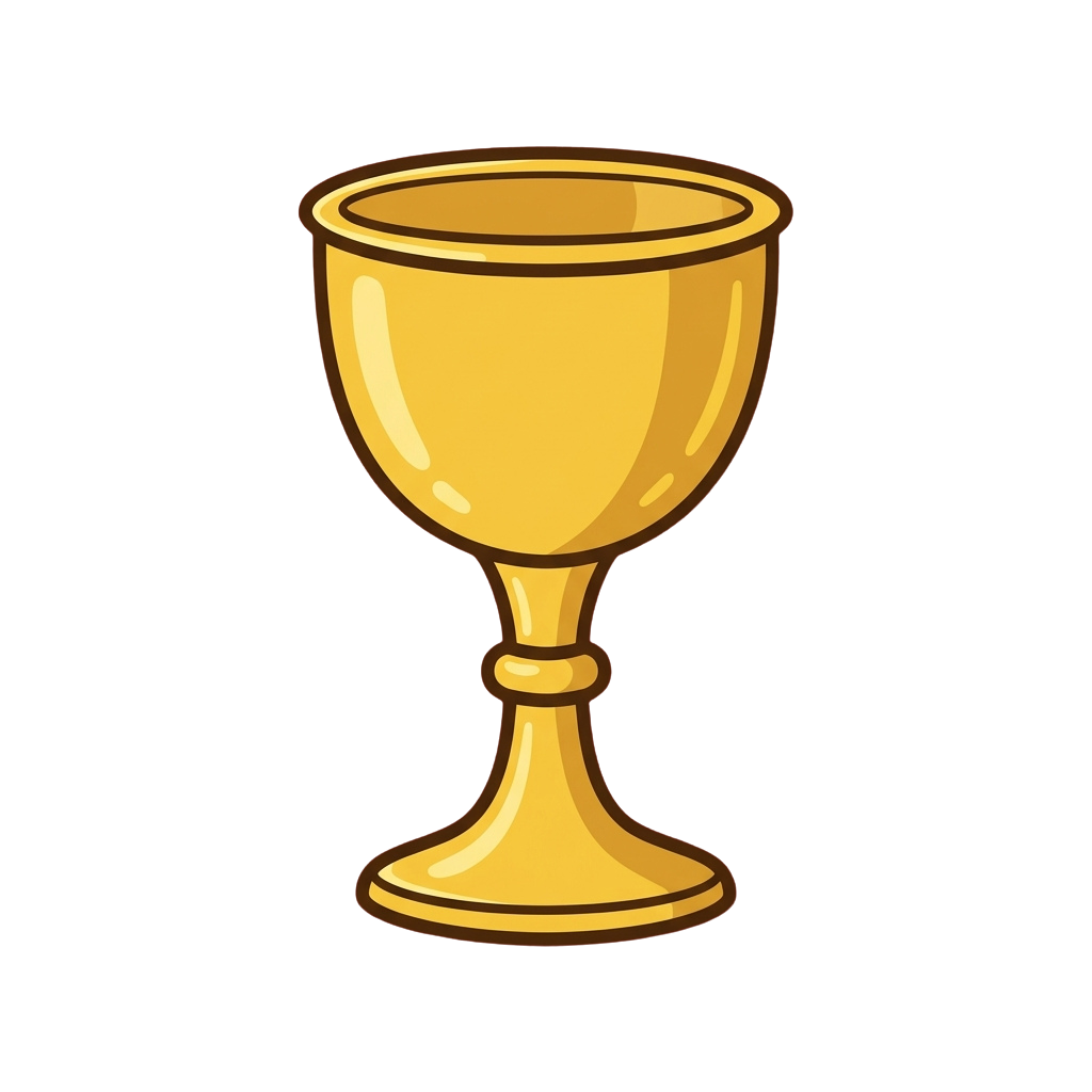 A stylized illustration of a golden chalice with a rounded bowl and stem on a dark background