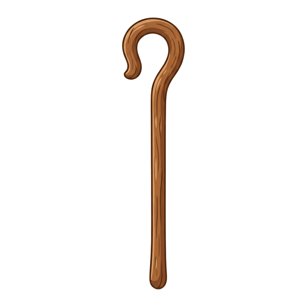 A brown wooden hook with a curved top and straight handle against a black background