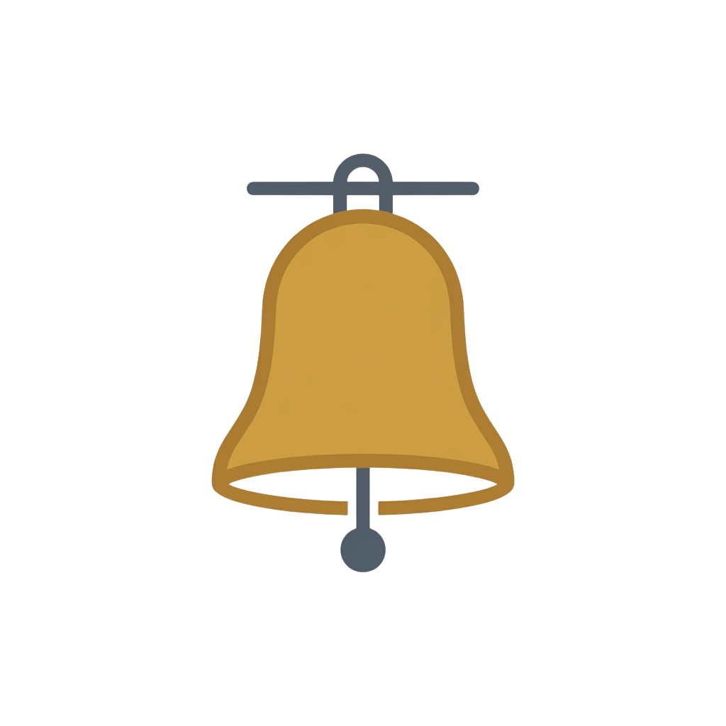 A yellow bell with a clapper and metal yoke against a black background