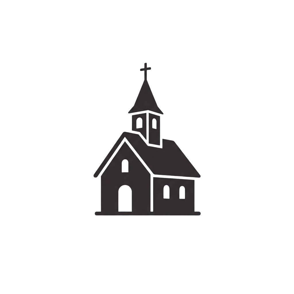 Silhouette of a small church with a cross on top against a dark background