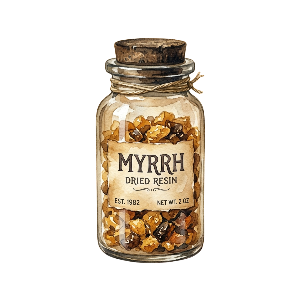 A glass jar filled with dried myrrh resin pieces, sealed with a cork stopper and twine.