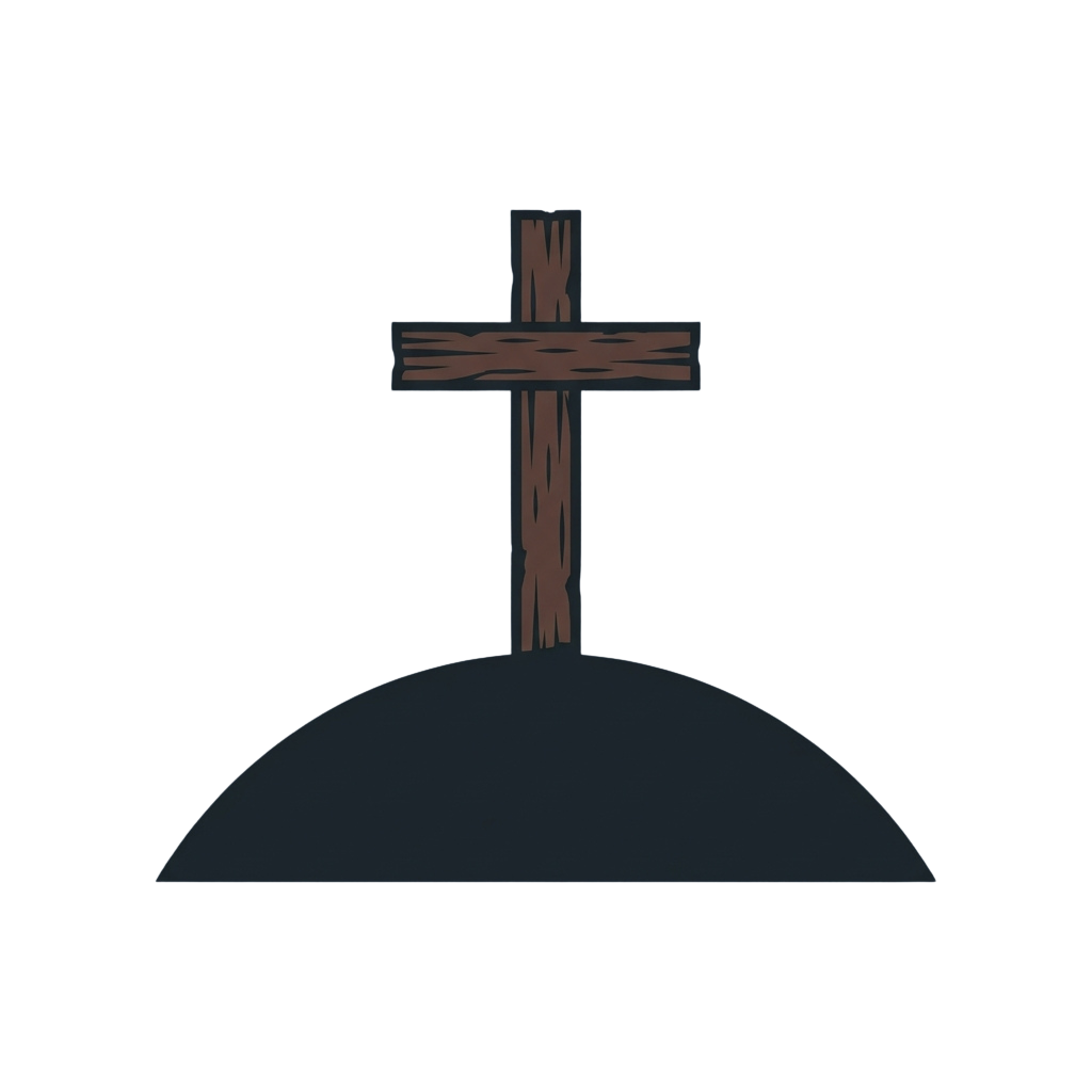 A simple wooden cross standing on top of a small hill