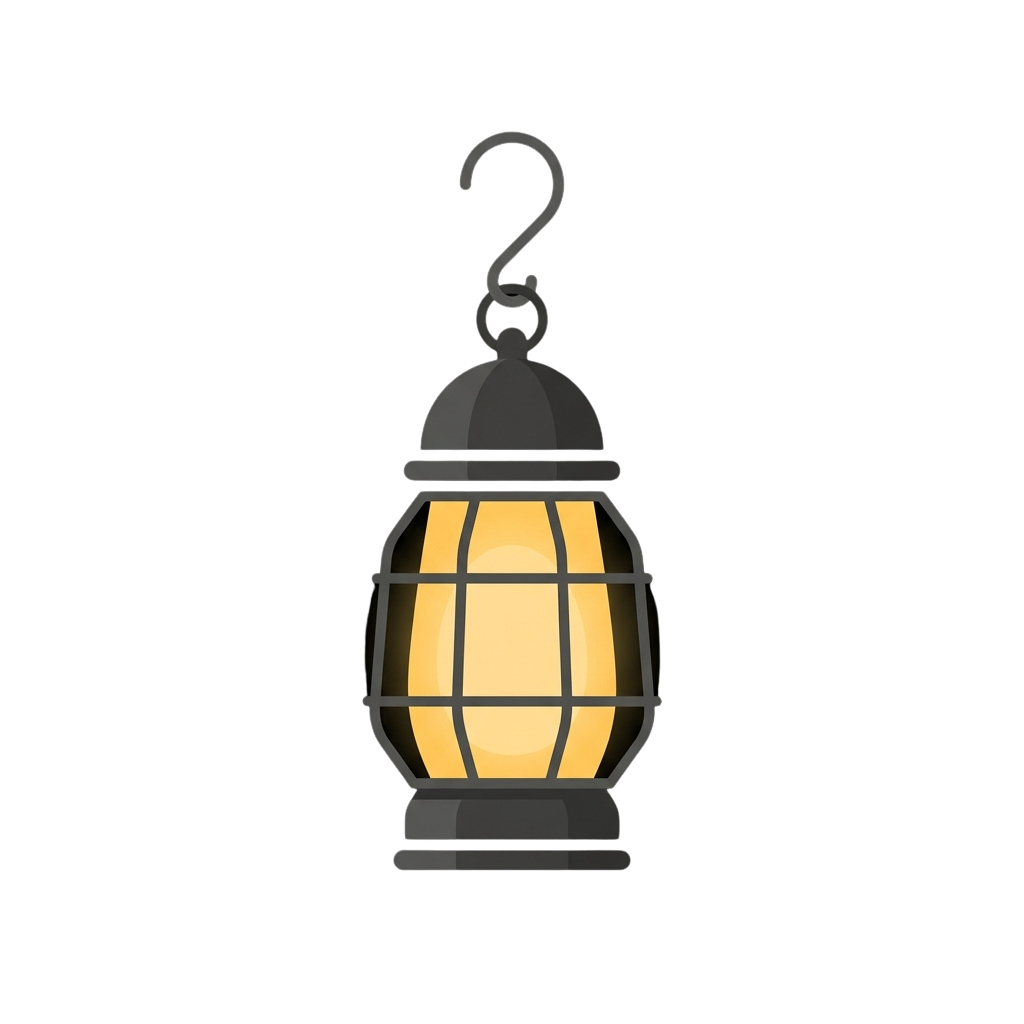A glowing metal lantern with a hook on top against a dark background