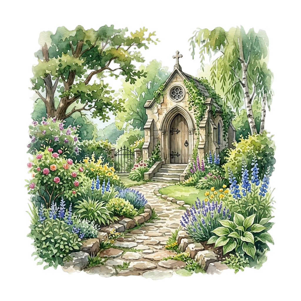 A serene stone chapel with arched doorway and cross-topped roof, surrounded by vibrant flowers and greenery along a cobblestone path.