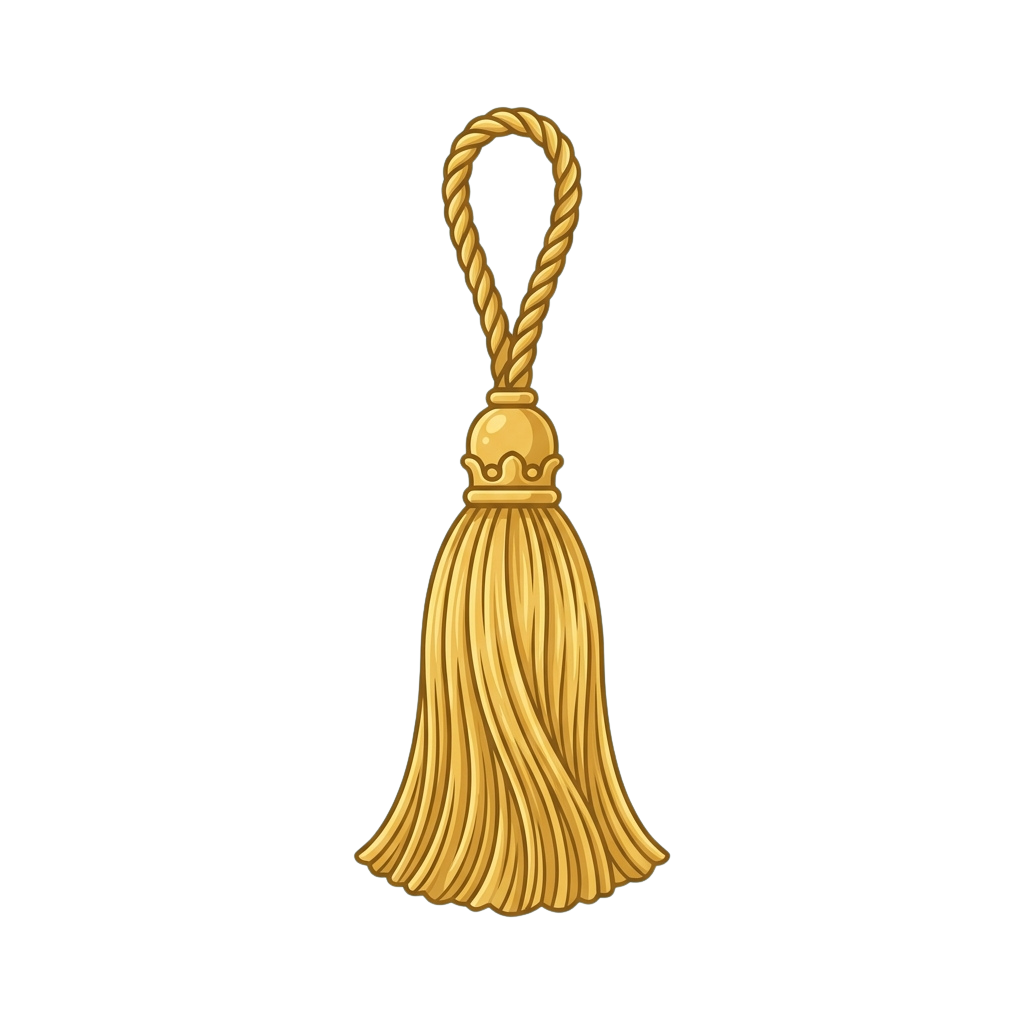 A gold-colored tassel with a braided loop and decorative top knot