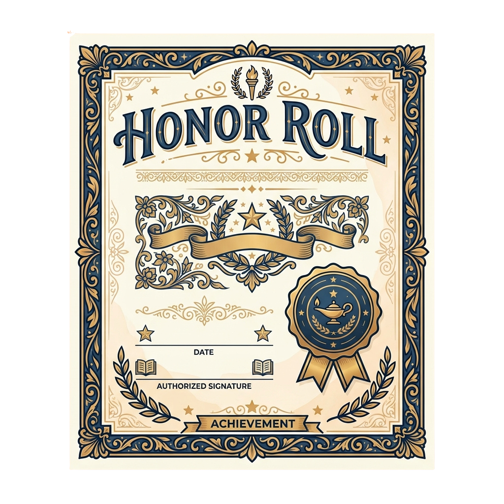 Decorative honor roll certificate with laurel wreaths, stars, and a ribbon seal for academic achievement