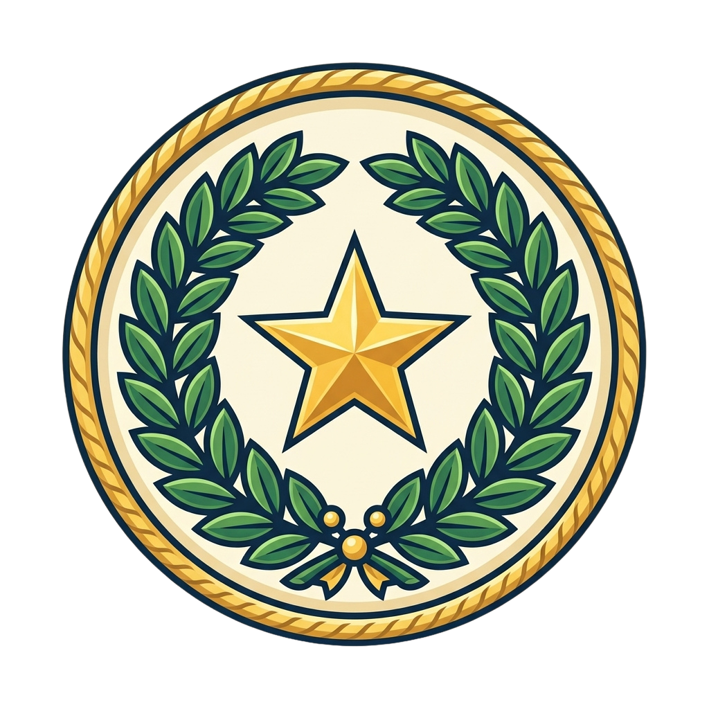 Illustration of a gold star surrounded by a green laurel wreath inside a circular rope border
