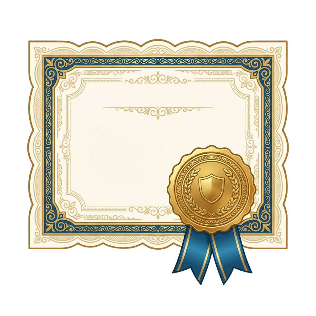 Decorative certificate with ornate gold and blue border and a gold seal featuring a shield emblem and laurel wreath.